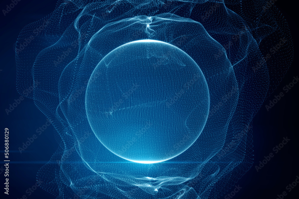 Poster Technological concept with abstract digital blue dotted sphere symbolized globe and data. 3D rendering