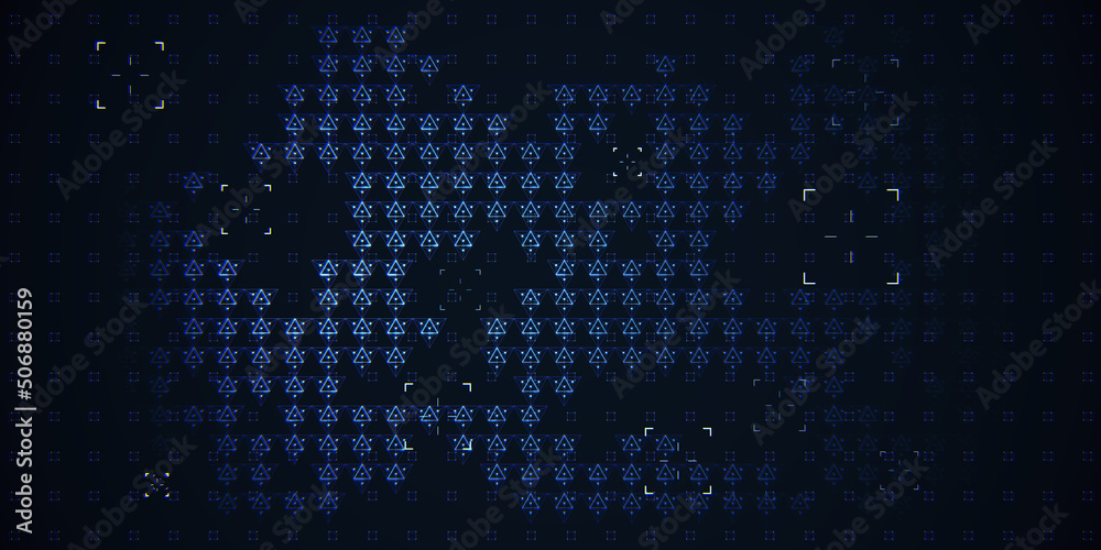 Poster Abstract technological dark backdrop for HUD with bright glowing triangles in the center, greed for landing. 3D rendering
