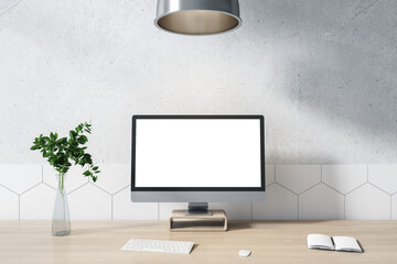 Home office concept with blank white computer monitor on wooden table with glass vase, notebook and keyboard in sunny room with light wall. 3D rendering, mockup