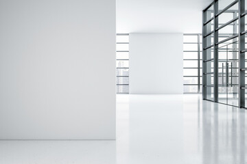 Front view on blank light wall in light empty office area with glass transparent walls and doors, white glossy floor and city view. 3D rendering, mock up