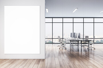 Front view on big blank white poster on light wall at the entrance to spacious coworking office with city view from big window and stylish work places on wooden floor. 3D rendering, mock up
