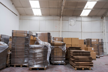 Large Retail Warehouse With Goods In Cardboard Boxes And Packages. Logistics, Sorting and...