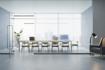 Fototapeta premium Front view on matt glass wall of light spacious conference room with cozy furniture in office with concrete floor and stylish armchair. 3D rendering