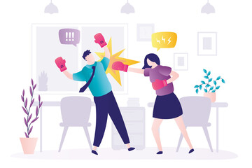 Strong girl in boxing gloves hits colleague during argument. Angry woman responded to offender with blow