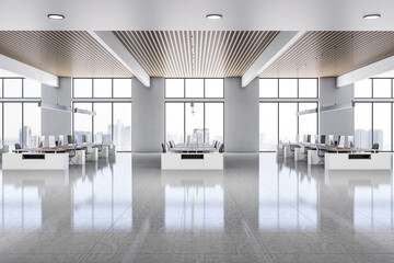 Side view on sunny open space office with rows of stylish workspaces made from white furniture on glossy ceramic tale floor, city view from big windows and wooden slatted ceiling. 3D rendering
