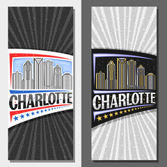 Vector vertical layouts for Charlotte, decorative leaflet with line illustration of charlotte city scape on day and dusk sky background, art design tourist card with unique letters for word charlotte