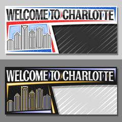 Vector layouts for Charlotte with copy space, decorative voucher with illustration of charlotte city scape on day and dusk sky background, art design tourist coupon with words welcome to charlotte