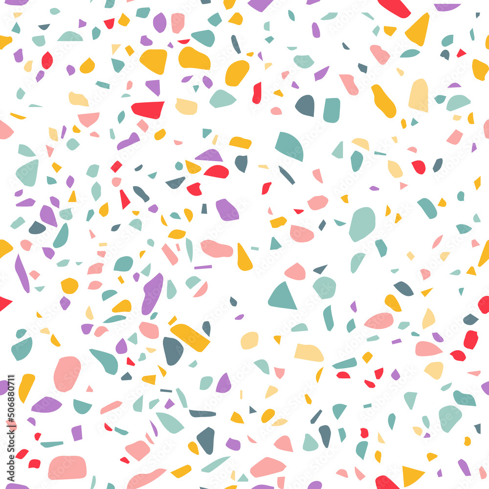 Poster Vector Seamless Pattern with Colorful Venetian Terrazzo Imitation. Realistic Texture with Stone Fragments. Modern Minimalistic Floor Tile Decoration. Trendy Abstract Illustration