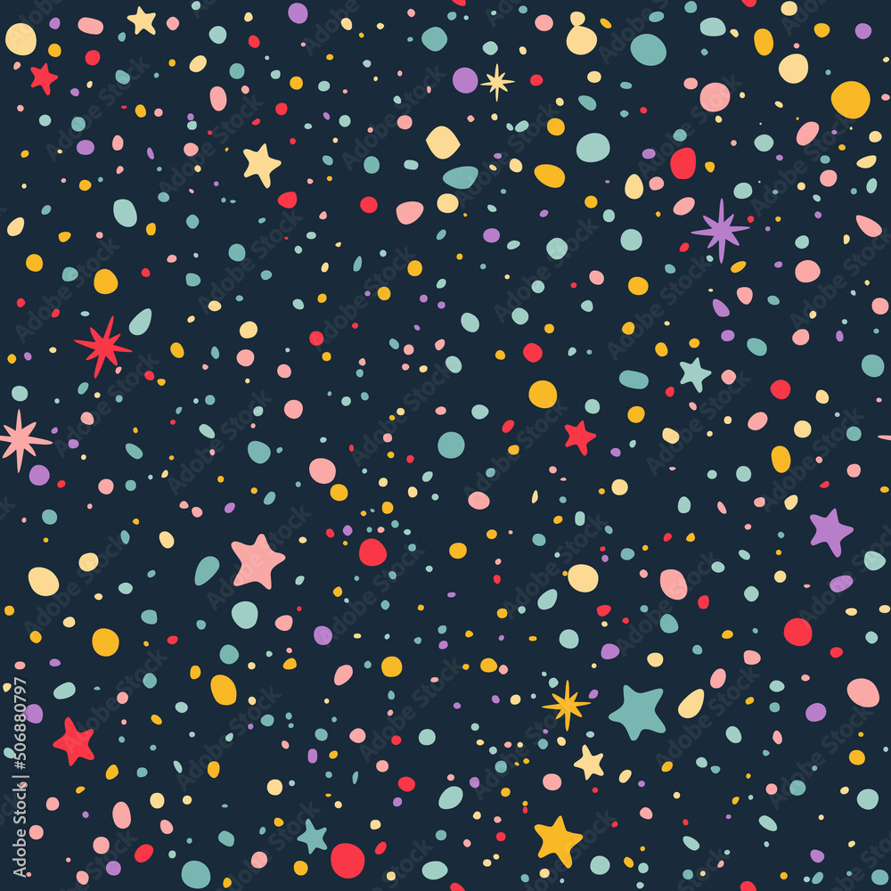 Poster Seamless Pattern with Colorful Dots and Stars on Dark Night Sky. Vector Cosmic Background