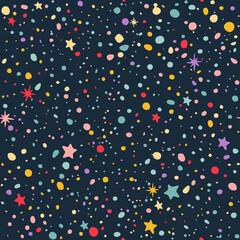 Seamless Pattern with Colorful Dots and Stars on Dark Night Sky. Vector Cosmic Background