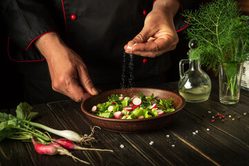 The chef sprinkles salt to salad of fresh vegetables in plate. Preparing healthy food on the kitchen