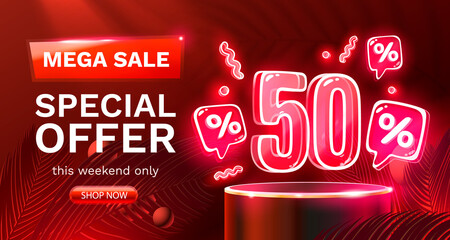 Mega sale special offer, Neon 50 off sale banner. Sign board promotion. Vector - obrazy, fototapety, plakaty