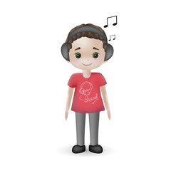 Boy is listening to music.3d vector people character illustration. Cartoon minimal style.
