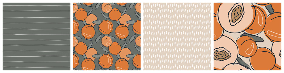 Peach seamless pattern set. Abstract fruit, seed and leaf vector textile print in terracotta and soft green colors. Trendy hand drawn design for nectar or jam product packaging background.