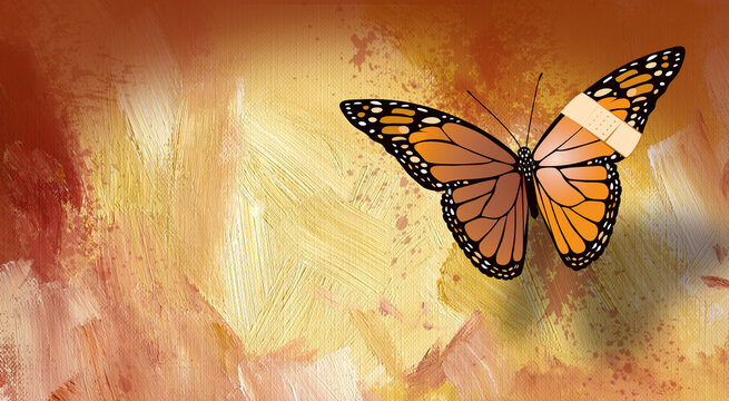 Beautiful butterfly injured with bandaid bandage on abract paint stroke graphic background