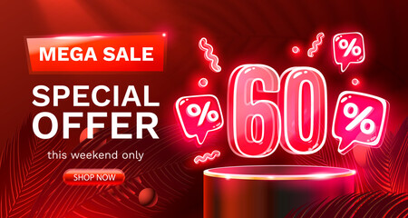 Mega sale special offer, Neon 60 off sale banner. Sign board promotion. Vector - obrazy, fototapety, plakaty