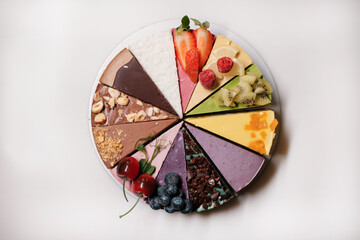 A set of cake pieces with different flavors.