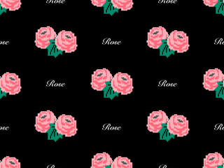 Rose cartoon character seamless pattern on black background. Pixel style