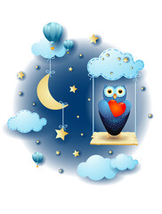 Night landscape with hanging stars, swing and owl in love. Vector illustration eps10
