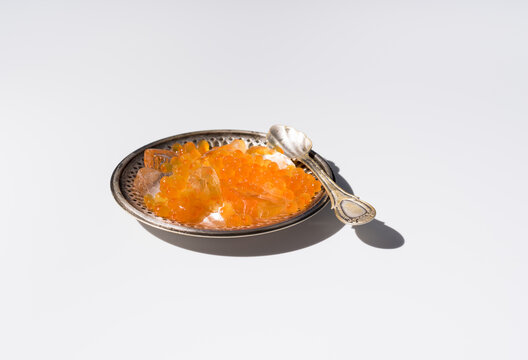 Tobiko caviar served on silver plate