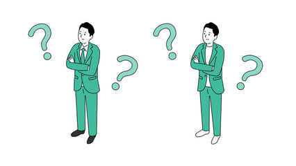 腕組みをして悩む見た目の若い中年男性のイラスト、アイソメトリック、ベクター