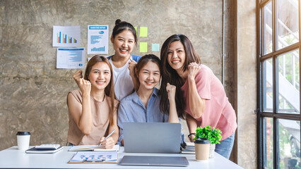 Four asian younger female freelance teamwork job successfull happiness emotion and looking to...