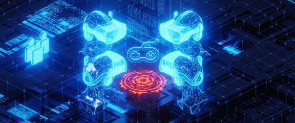 Isometric illustration representing concept of a multiplayer gaming experience in the metaverse. 3D rendering