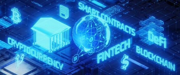 Isometric illustration of modern financial technology concepts. 3D rendering