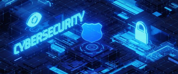 Isometric illustration of the concept of cybersecurity. 3D rendering
