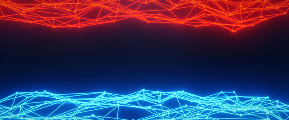 Abstract technology background with glowing blue and red plexus structures. 3D rendering