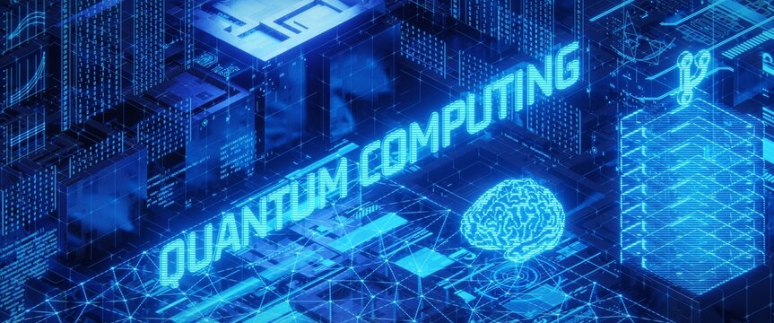 Isometric illustration of the technology of quantum computing. 3D rendering