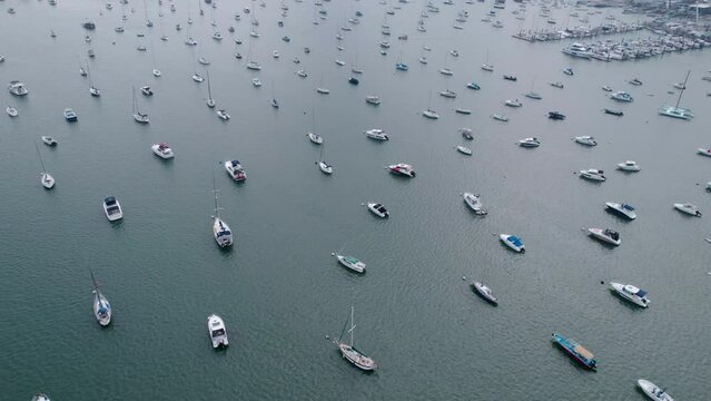 Aerial view of luxury yachts and sailboats in marina.