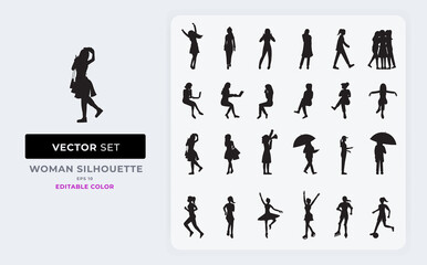 Woman silhouette set vector illustration. Collection woman pose daily activity. Color Editable Eps 10.