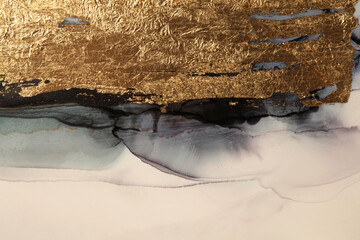 Art Abstract  watercolor marble flow blot painting. Black, beige and gold Color canvas texture...