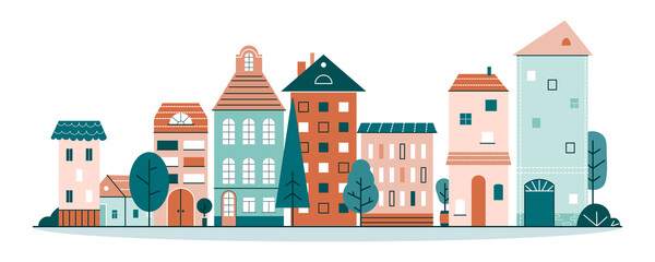 Cute city with little tiny houses in Scandinavian style. Street of little town with cozy homes and trees. Flat cartoon vector illustration isolated on white background © Оксана Назарова