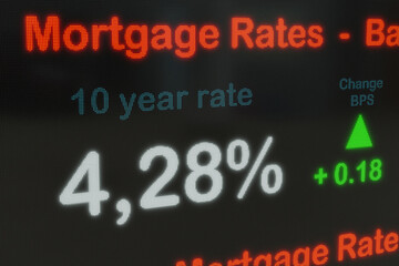 Obraz premium Increased ten year bank mortgage rate with daily changes in basis points. Business & finance, loan and debt concept. 3D illustration