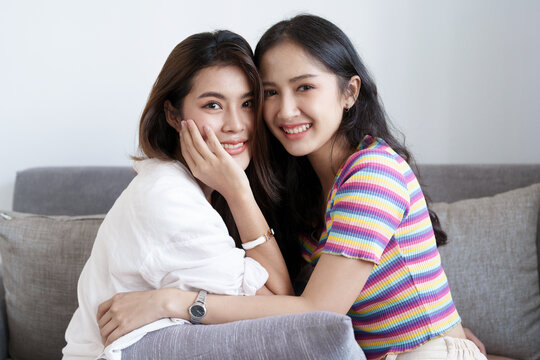 lgbtq, lgbt concept, homosexuality, portrait of two Asian women posing happy together and showing love for each other while being together