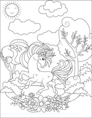 Funny unicorn coloring page for kids