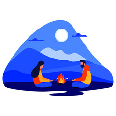 Young Couple Spending Time in Summer Camping, Man and Woman Characters Sitting near Campfire at Night Time Relaxing, Frying Marshmallow, Relax, Sparetime Square Banner Cartoon Flat Vector Illustration