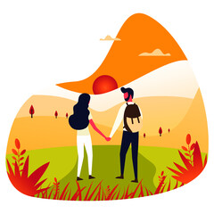 Vector illustration in flat linear style - autumn background - landscape illustration with couple exploring autumn forest - greeting card design template