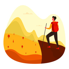 Man with backpack, traveller or explorer standing on top of mountain or cliff and looking on valley. Concept of discovery, exploration, hiking, adventure tourism and travel. Flat vector illustration.