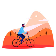 Vector illustration - bicycle riding man. Park, forest, trees and hills on background. Banner, site, poster template with place for your text.
