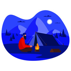 Vector illustration - camping man with backpack looking on tent. Mountains, trees and hills on background. Banner, site, poster template with place for your text.