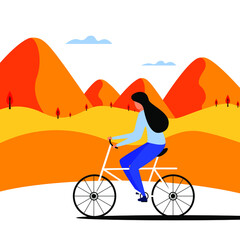 bicycle riding girl. Park, forest, trees and hills on background. Banner, site, poster template with place for your text.