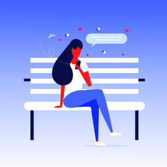 Young woman sitting in the street and chatting. Flat modern design of social networking and texting to friends. Vector illustration of the man chatting with people using phone.