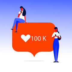 Thank you 100000 followers numbers postcard. People man, woman big numbers flat style design 100k thanks vector illustration isolated on blue background. Template for internet media and social network