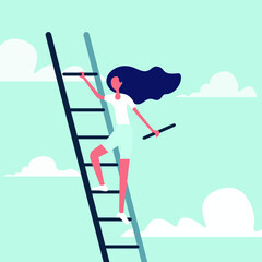 Business woman climbing the stairs in the sky. Ladder of success and career growth ambitions conceptual illustration vector.