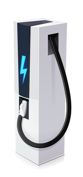 Electric car charging station with blue lightning symbol and charging cable isolated on a white background