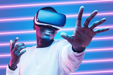 Metaverse user wearing high tech smart vr goggles playing virtual game online
