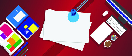 Creative desk background. Office workplace top view. Illustration of modern business office or workspace in flat style.